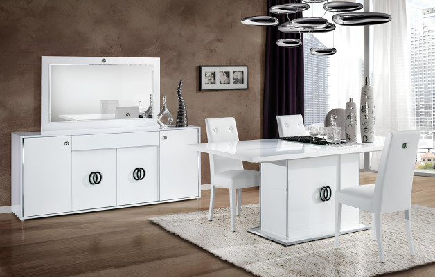 Mesa de comedor con 3 sillas, cómoda, espejo, lujo, madera, moderno, set de diseño de 6 piezas.
