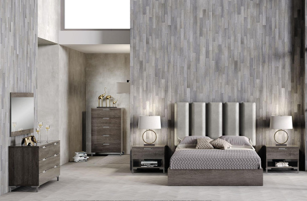 Juego de dormitorio matrimonial con mesita de noche, cómoda, espejo y cama tapizada de 6 piezas
