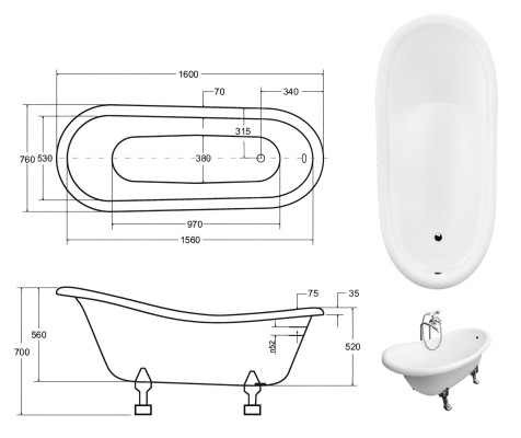 Bañera independiente de estilo antiguo, bañera clásica, nueva