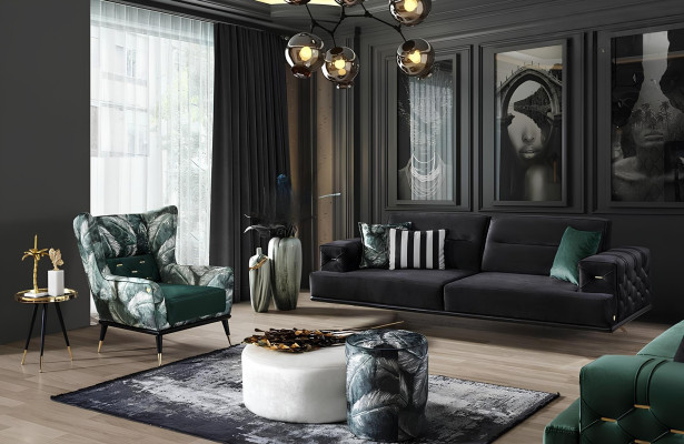 Juego de sofás de lujo para sala de estar con sofá de tres plazas, mesa de café y sillón 6 piezas