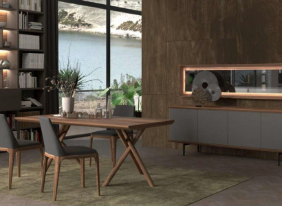 Conjunto de muebles de comedor de lujo con mesa de comedor, sillas, aparador y espejo