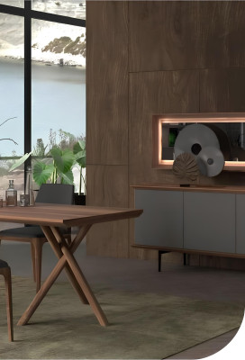 Conjunto de muebles de comedor de lujo con mesa de comedor, sillas, aparador y espejo