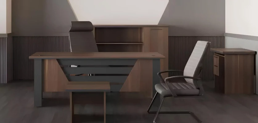 Mueble de oficina moderno completo con mesa, estantes y cómoda