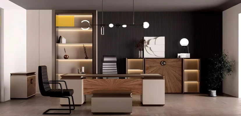 Conjunto de muebles de oficina moderno, escritorio, armario de documentos, cómoda