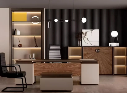 Conjunto de muebles de oficina moderno, escritorio, armario de documentos, cómoda