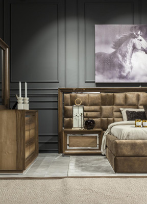 Conjunto de dormitorio completo con armario, mesitas de noche y cama en 5 piezas.