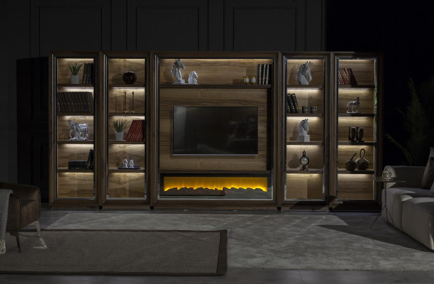 Pared de sala de lujo de 448 cm con chimenea de madera