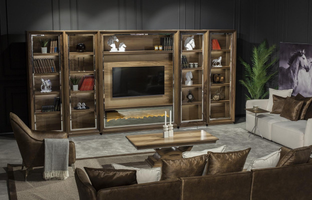 Pared de sala de lujo de 448 cm con chimenea de madera