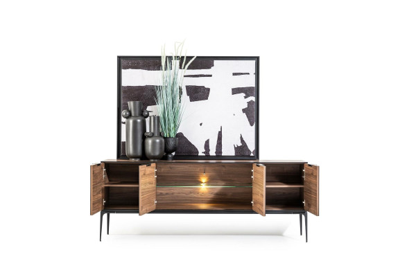 Cómoda con espejos marrones en estilo moderno con espacio de almacenamiento