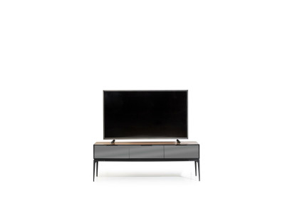 Mueble de sala con espejo y armarios negros y marrones