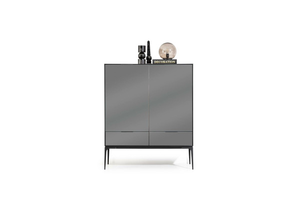 Mueble de sala con espejo y armarios negros y marrones