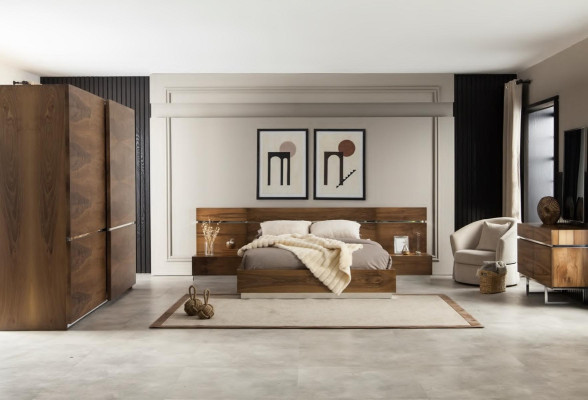 Muebles de dormitorio de lujo, cómoda, armario, mesitas de noche, espejo 6 piezas
