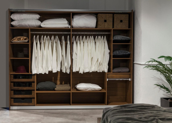 Muebles de dormitorio de lujo, cómoda, armario, mesitas de noche, espejo 6 piezas