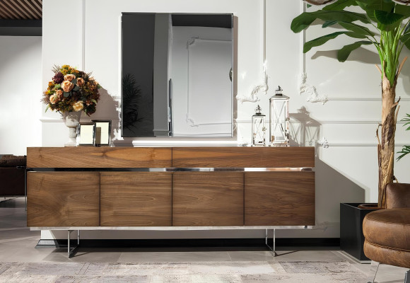Mesa de comedor con 4 sillas con reposabrazos, cómoda, espejo