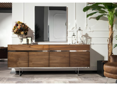 Mesa de comedor con 4 sillas con reposabrazos, cómoda, espejo