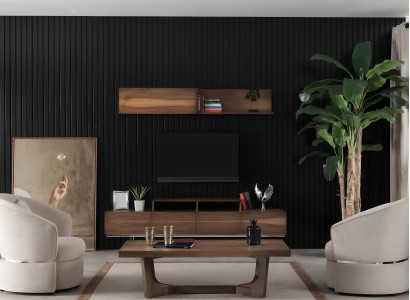 Pared de salón marrón con mueble para TV