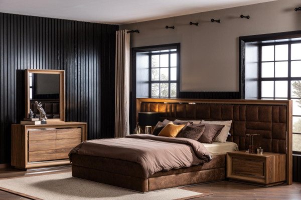 Conjunto de dormitorio completo con armario, mesitas de noche y cama de 5 piezas.