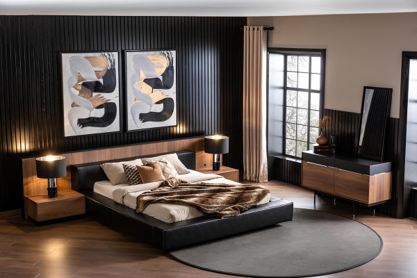 Conjunto de dormitorio de lujo con mesita de noche, armario, mesa y cama 6 piezas