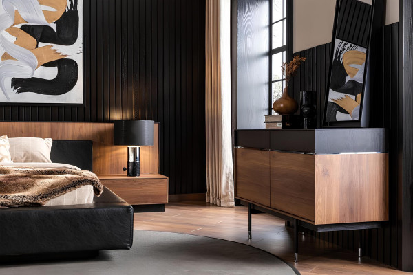 Conjunto de dormitorio de lujo con mesita de noche, armario, mesa y cama 6 piezas