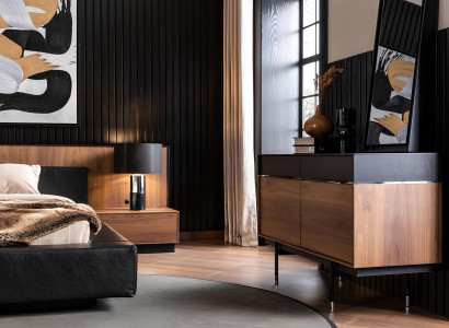 Conjunto de dormitorio de lujo con mesita de noche, armario, mesa y cama 6 piezas
