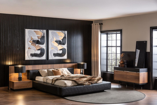 Juego de muebles de dormitorio de 5 piezas con cama, mesitas de noche y cómoda