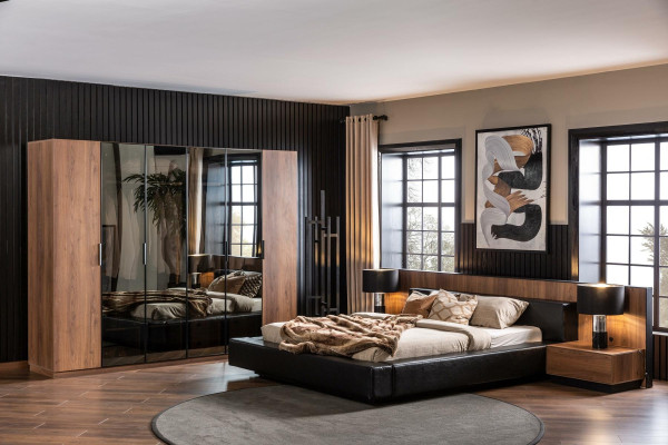 Conjunto de dormitorio Brun con cama, armario y 2 mesitas de noche, 4 piezas.