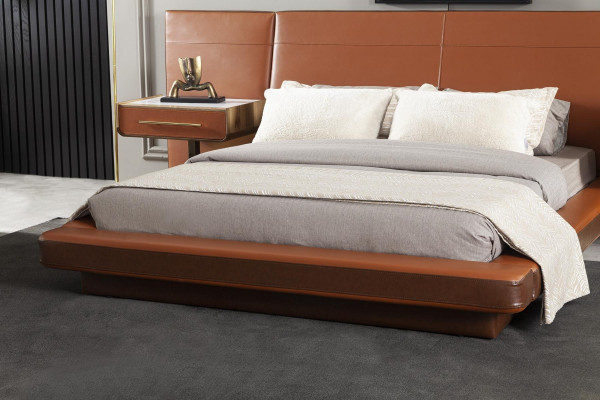 Cama doble naranja con 2 mesas de noche móviles 3 piezas