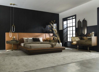 Conjunto de muebles de dormitorio con cama, mesitas de noche y armario de 5 piezas.