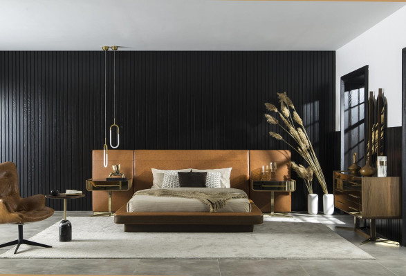 Diseño de cama para el dormitorio con dos lujosas mesitas de noche de vidrio