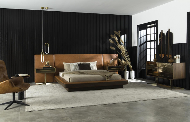 Cama de cuero sintético marrón con estilo moderno y lujoso, habitación cómoda