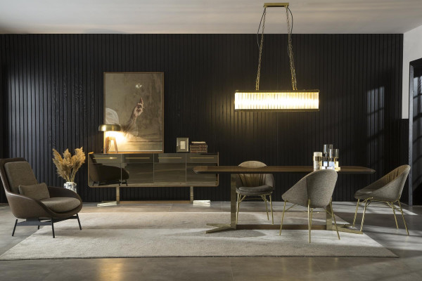 Sillón gris con tapicería de tela, silla de cocina con patas doradas