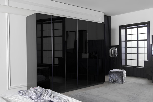 Dormitorio de lujo negro con armario, cómoda y mesitas de noche 5 piezas.