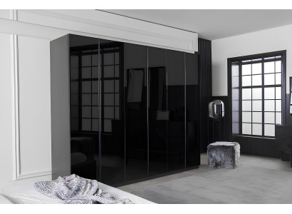 Dormitorio de lujo negro con armario, cómoda y mesitas de noche 5 piezas.