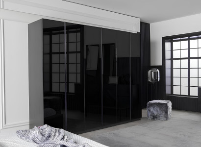 Dormitorio de lujo negro con armario, cómoda y mesitas de noche 5 piezas.