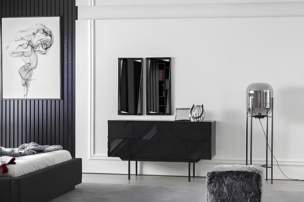 Dormitorio de lujo negro con armario, cómoda y mesitas de noche 5 piezas.