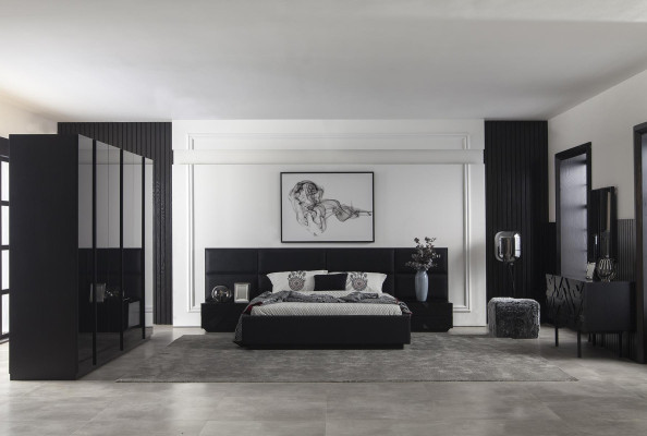 Cama tapizada moderna negra para dormitorio de lujo