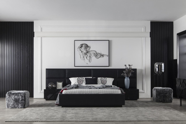 Conjunto de muebles de dormitorio negros, mesita de noche 3 piezas, cama de cuero