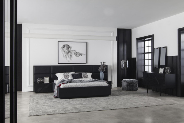 Conjunto de muebles de dormitorio negros, mesita de noche 3 piezas, cama de cuero