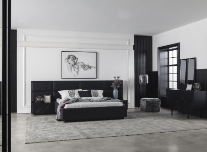 Conjunto de muebles de dormitorio negros, mesita de noche 3 piezas, cama de cuero