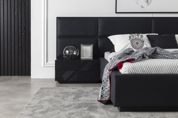 Conjunto de muebles de dormitorio negros, mesita de noche 3 piezas, cama de cuero