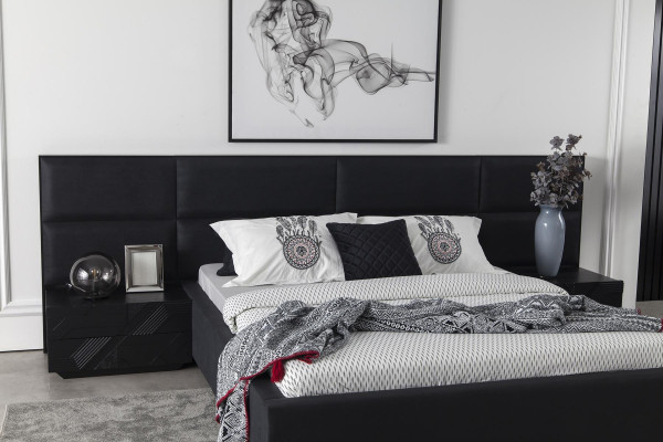 Conjunto de muebles de dormitorio negros, mesita de noche 3 piezas, cama de cuero
