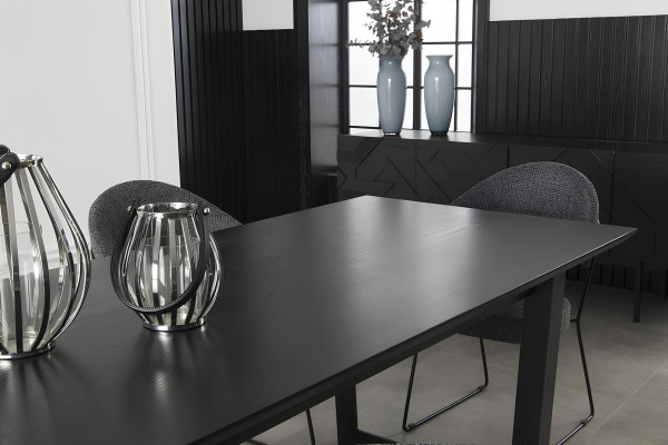 Conjunto de mesa de comedor negro con armario, sillas y mesa de comedor