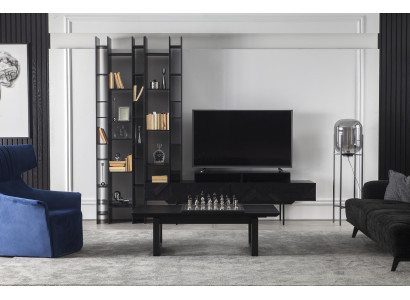 Pared de sala negra con espacio de almacenamiento abierto