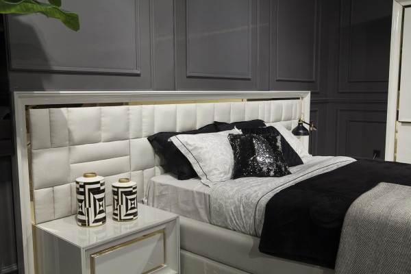 Muebles de dormitorio cama mesitas de noche blancas doradas juego de cama 4 piezas