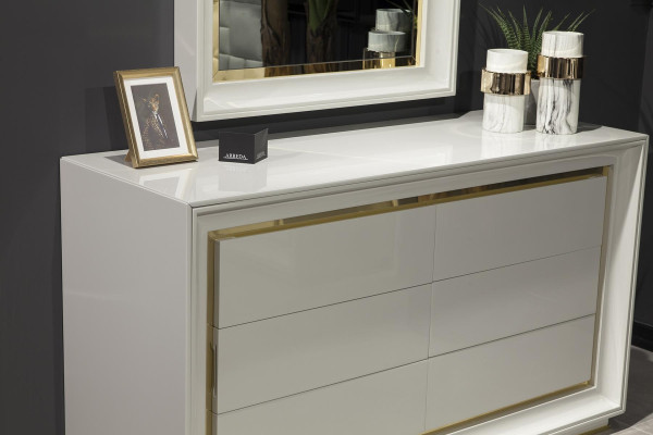 Moderna cómoda blanca con espejo y cajones de almacenamiento