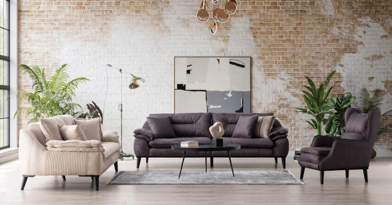 Conjunto de sofás moderno beige con sillón acolchado y cojines para sala de estar 3+3+1