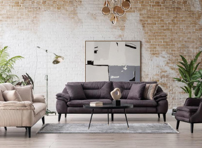 Conjunto de sofás moderno beige con sillón acolchado y cojines para sala de estar 3+3+1
