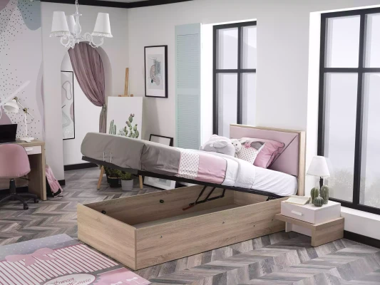 Cama rosa para niños, muebles infantiles, 9 piezas