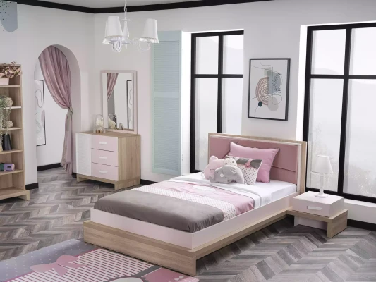 Juego de camas infantiles de madera rosa de 9 piezas