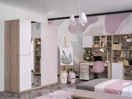 Armario rosa para niños con espejo y 4 puertas
